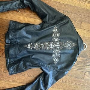 Black Leather Jacket with Silver Cross Embellishments